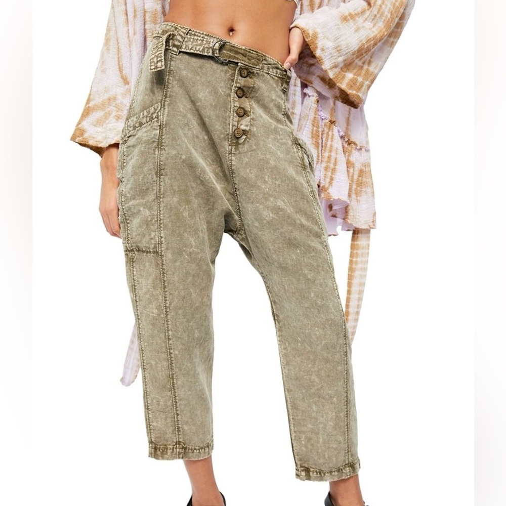 Free People Olive Washed Ankle Cropped Utility Jeans